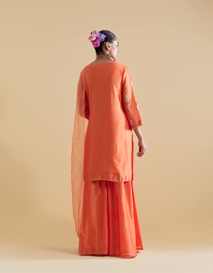 Orange Hand Embroidered Kurta and Sharara Set