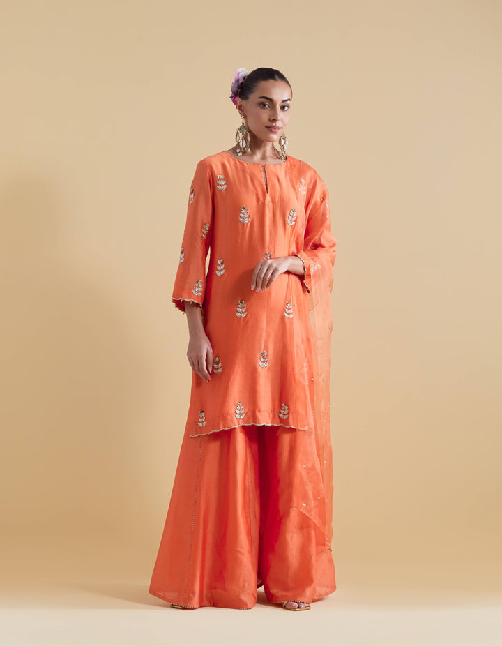 Orange Hand Embroidered Kurta and Sharara Set