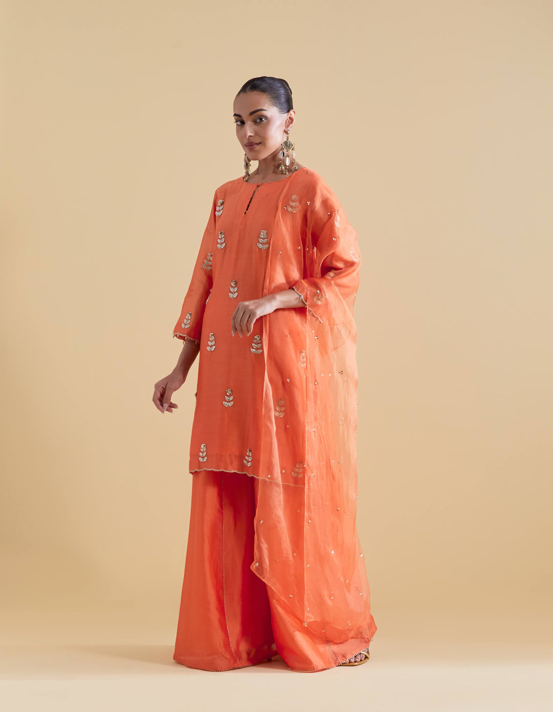 Orange Hand Embroidered Kurta and Sharara Set