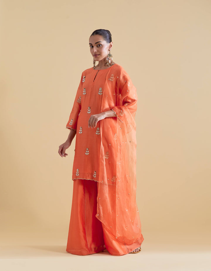 Orange Hand Embroidered Kurta and Sharara Set