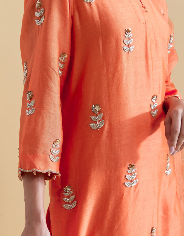 Orange Hand Embroidered Kurta and Sharara Set