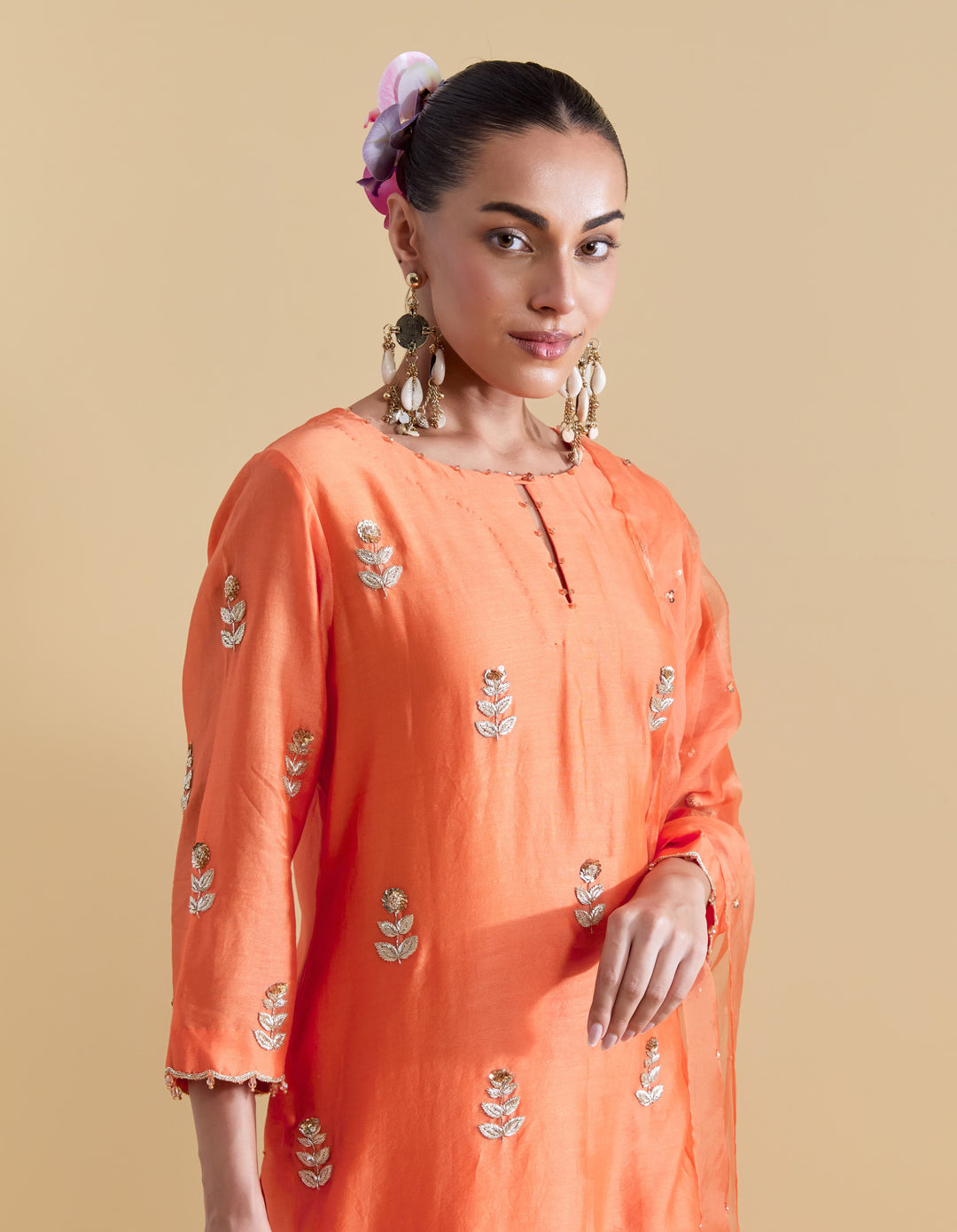 Orange Hand Embroidered Kurta and Sharara Set
