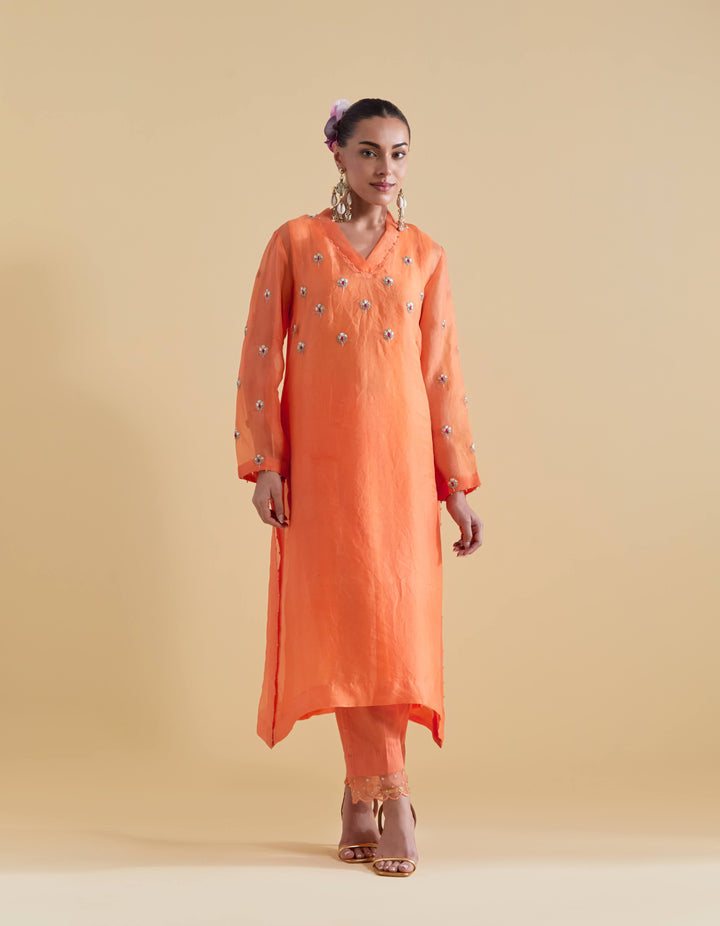 Hand Embroidered Kurta Set in Orange