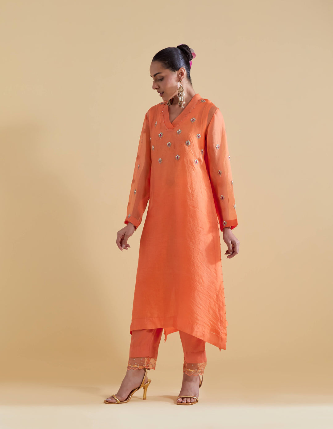 Hand Embroidered Kurta Set in Orange