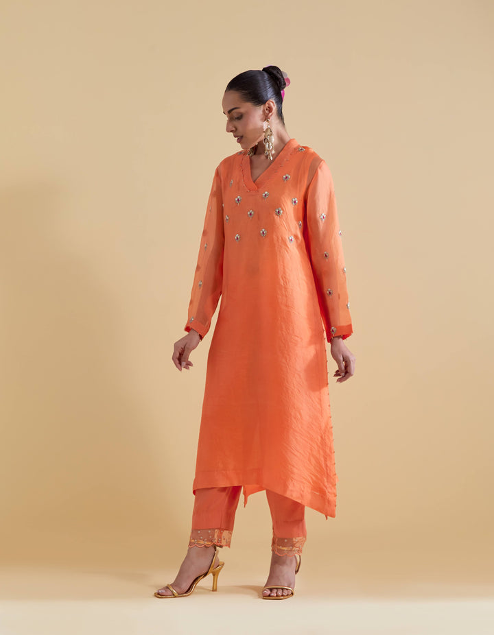 Hand Embroidered Kurta Set in Orange