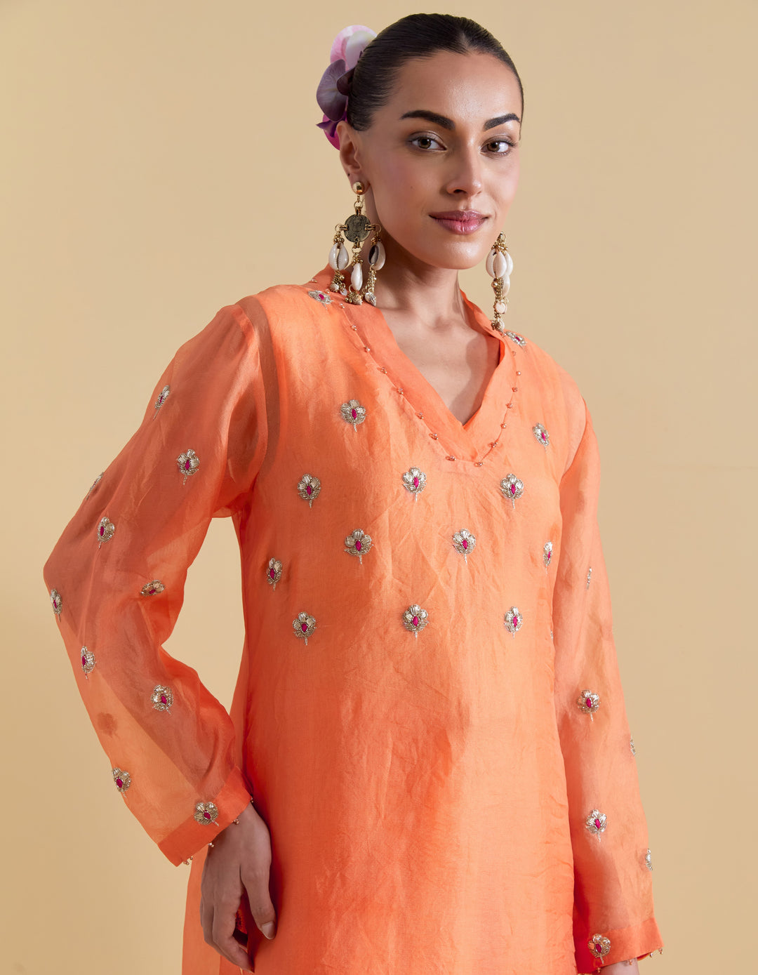 Hand Embroidered Kurta Set in Orange