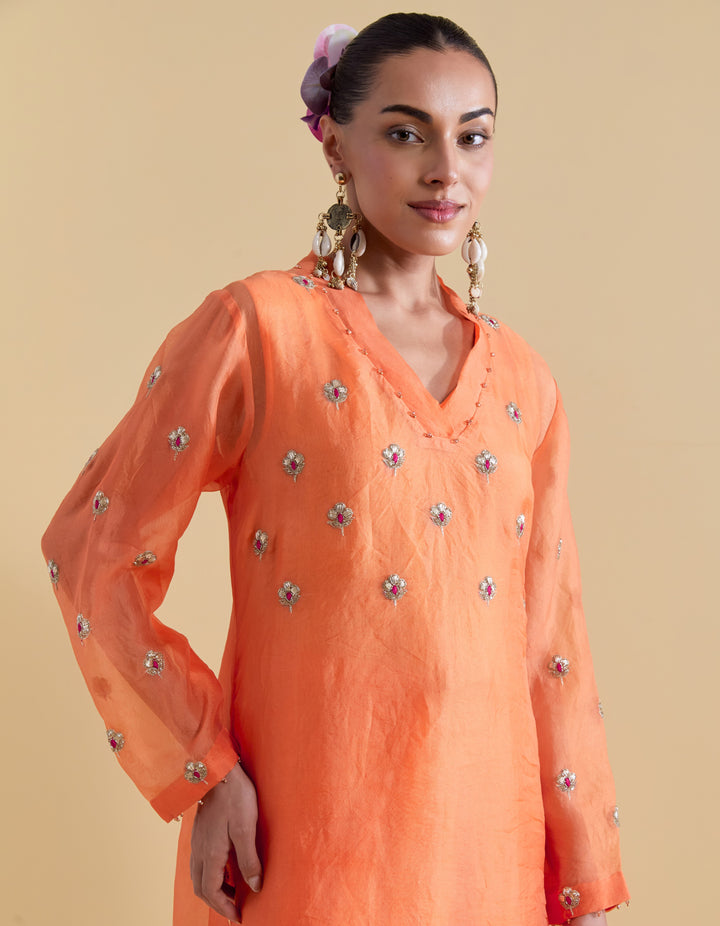 Hand Embroidered Kurta Set in Orange
