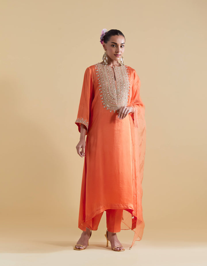 Orange Kurta Set with Dori Embroidery