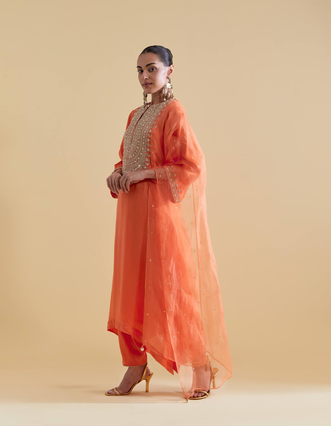 Orange Kurta Set with Dori Embroidery