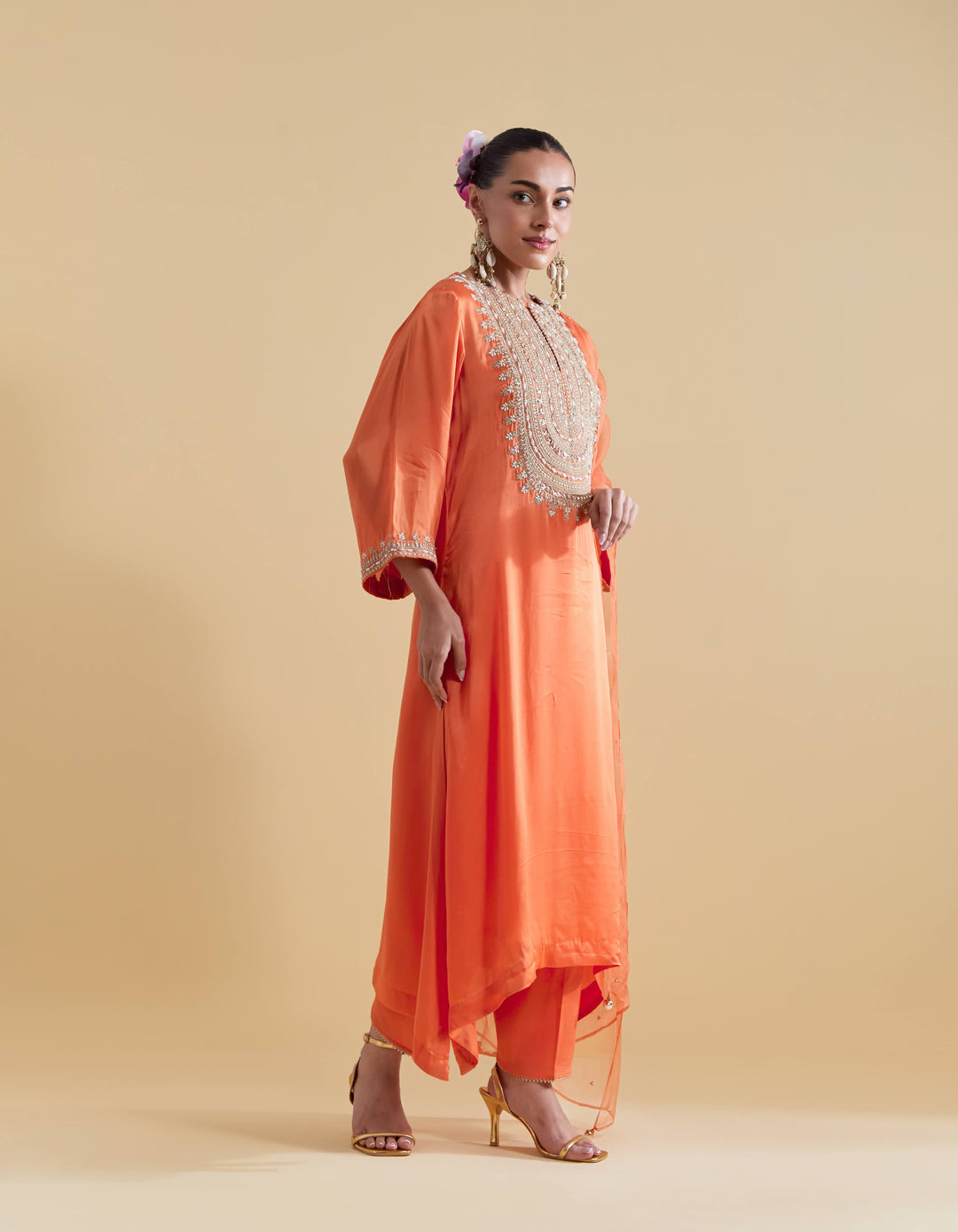 Orange Kurta Set with Dori Embroidery