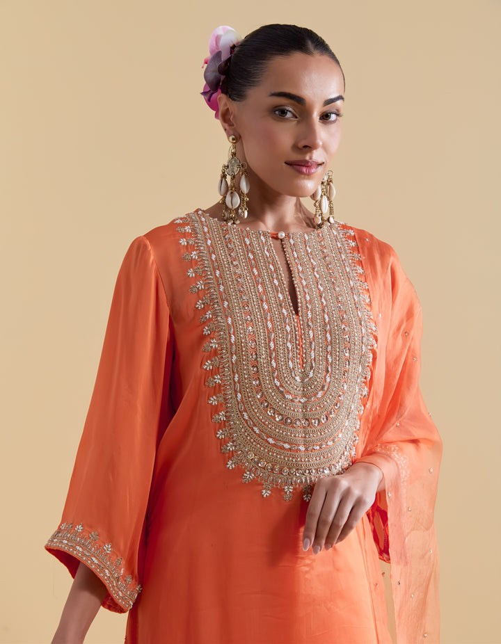 Orange Kurta Set with Dori Embroidery