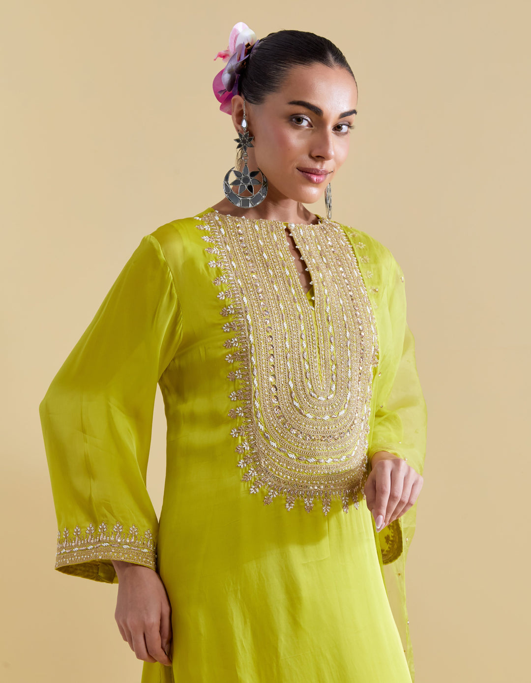 Lime Kurta Set with Dori Embroidery
