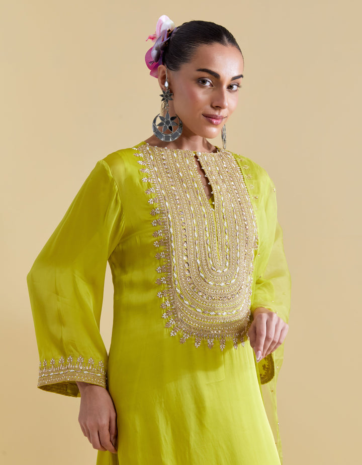 Lime Kurta Set with Dori Embroidery