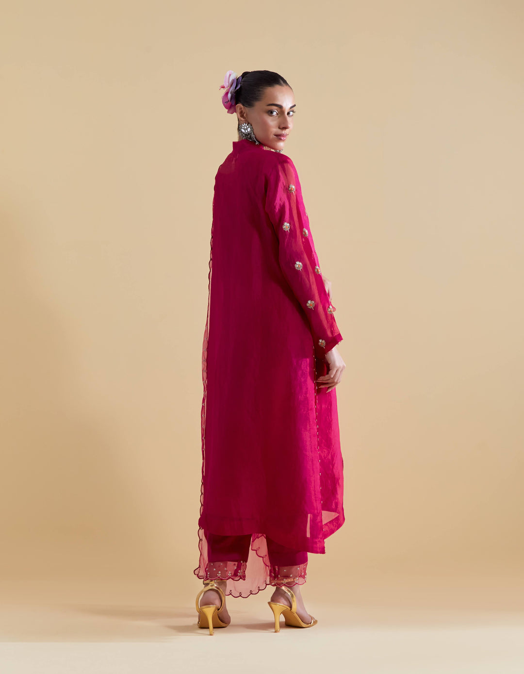 Hand Embroidered Kurta Set in Rani Pink