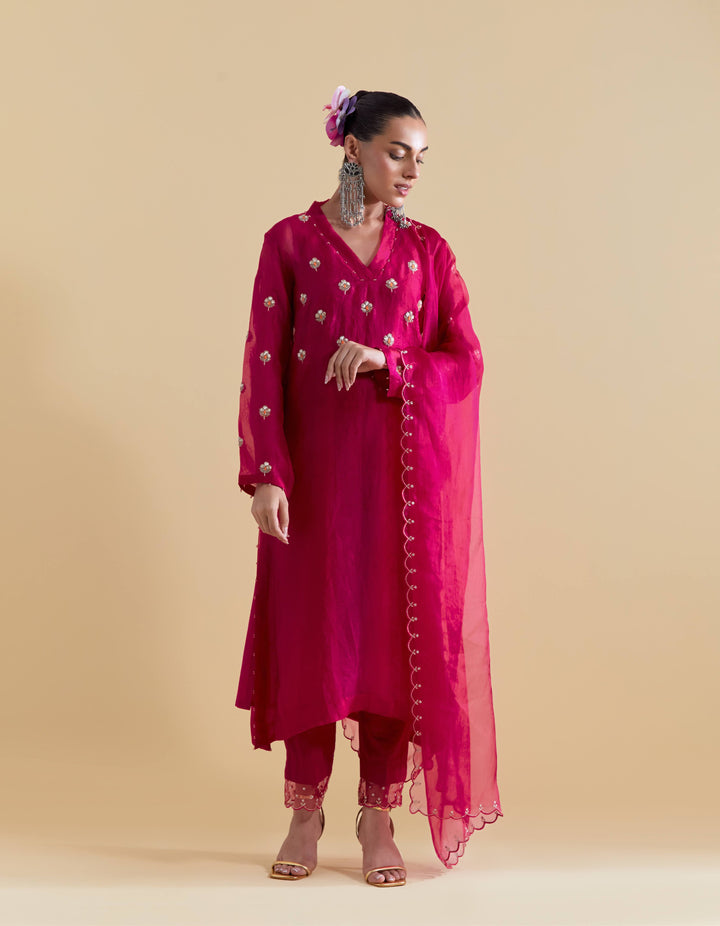 Hand Embroidered Kurta Set in Rani Pink