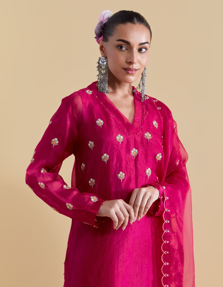 Hand Embroidered Kurta Set in Rani Pink