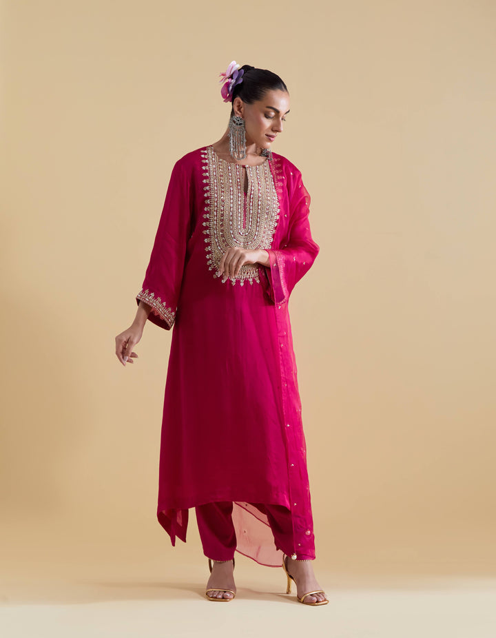 Rani Pink Kurta Set with Dori Embroidery