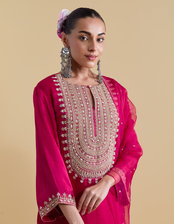 Rani Pink Kurta Set with Dori Embroidery