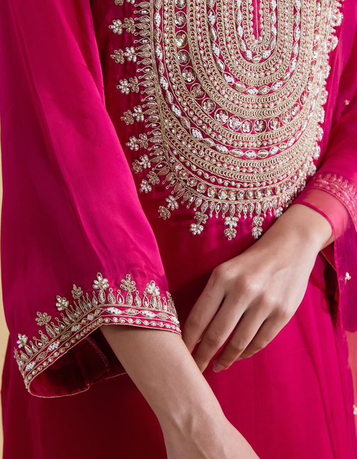 Rani Pink Kurta Set with Dori Embroidery