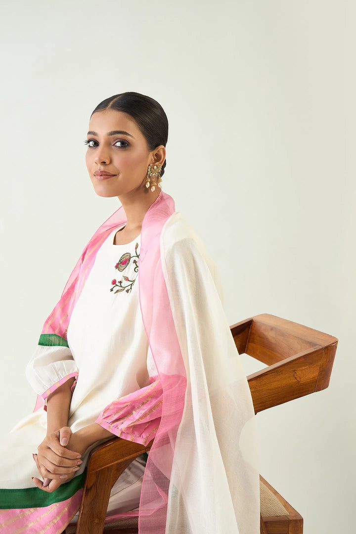 Mohini: Straight Kurta set - Ivory and Pink