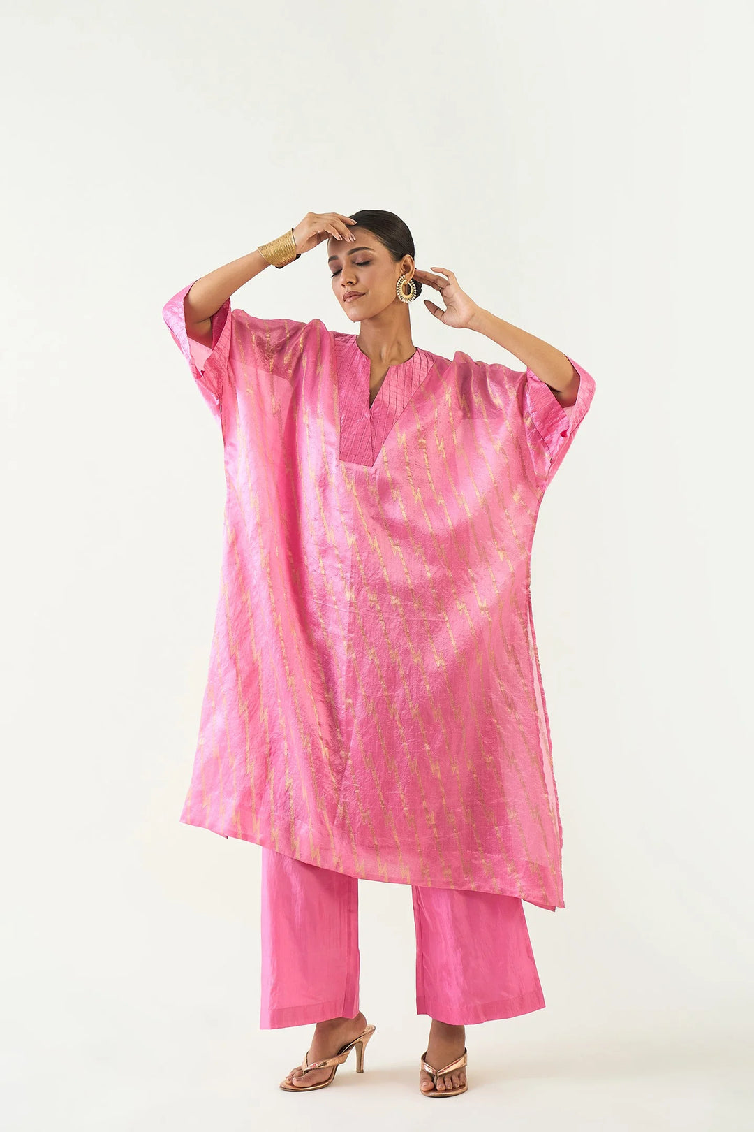 Damani: Silk with Gold weave Kimono Kaftan set - Candy Pink