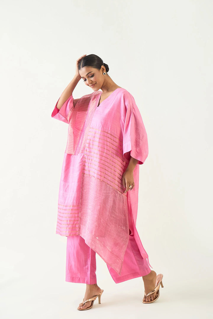 Kaya: Zari Stripe and Silk Kaftan Set - Candy Pink