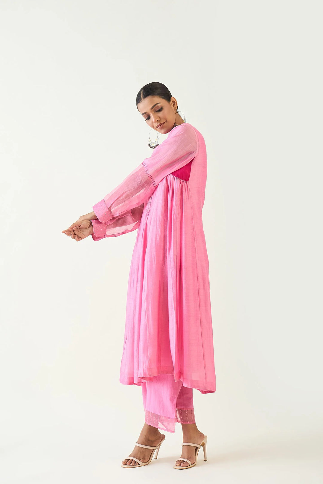 Urvi:  Embroidered Side Gather Kurta set - Candy Pink