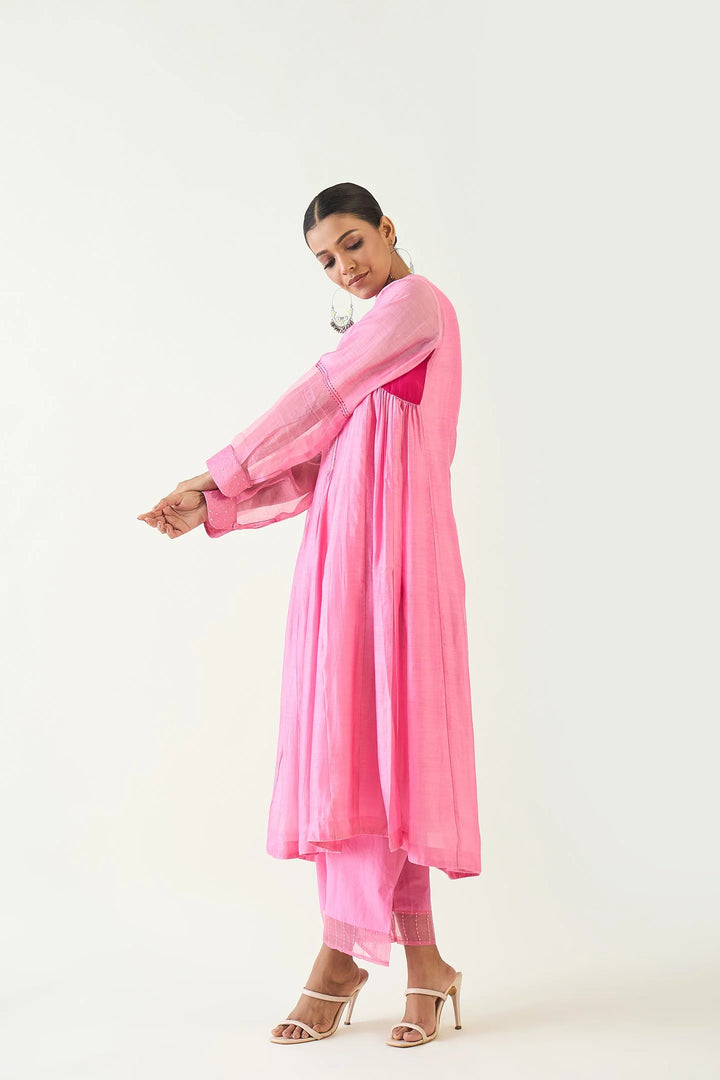 Urvi:  Embroidered Side Gather Kurta set - Candy Pink
