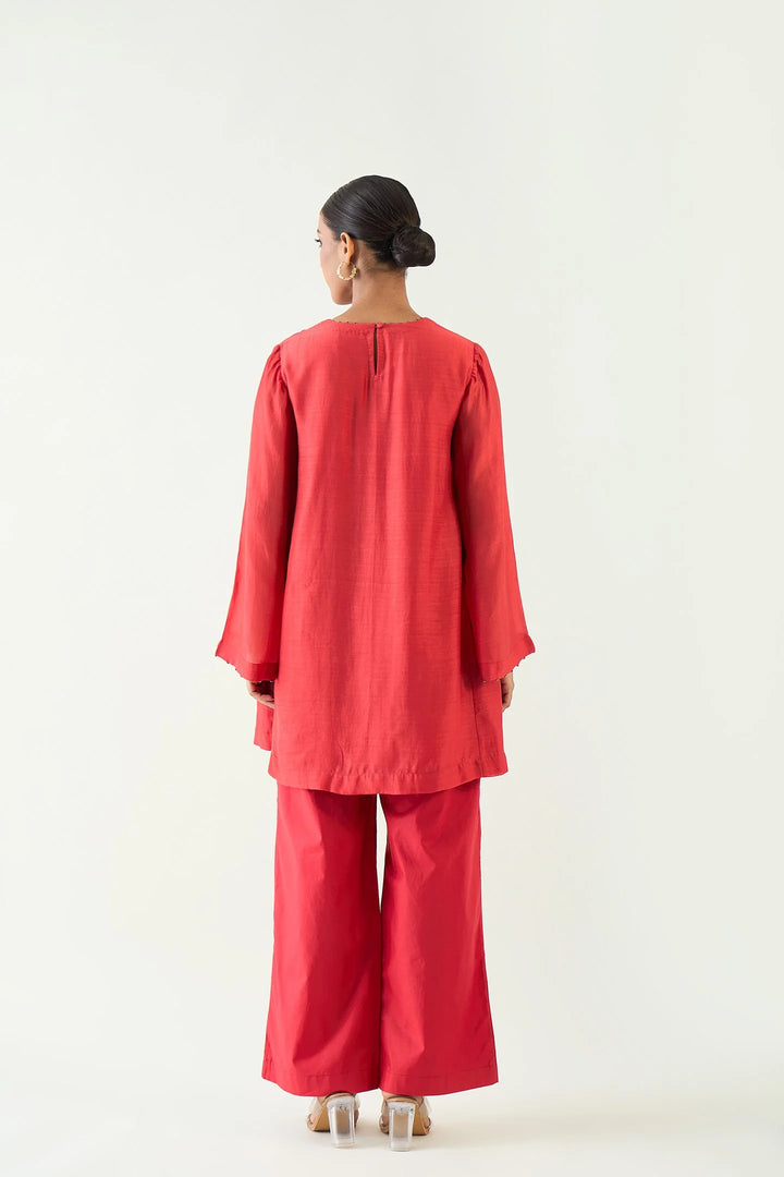 Siya: Cotton Silk Embroidered Pocket Tunic set - Red
