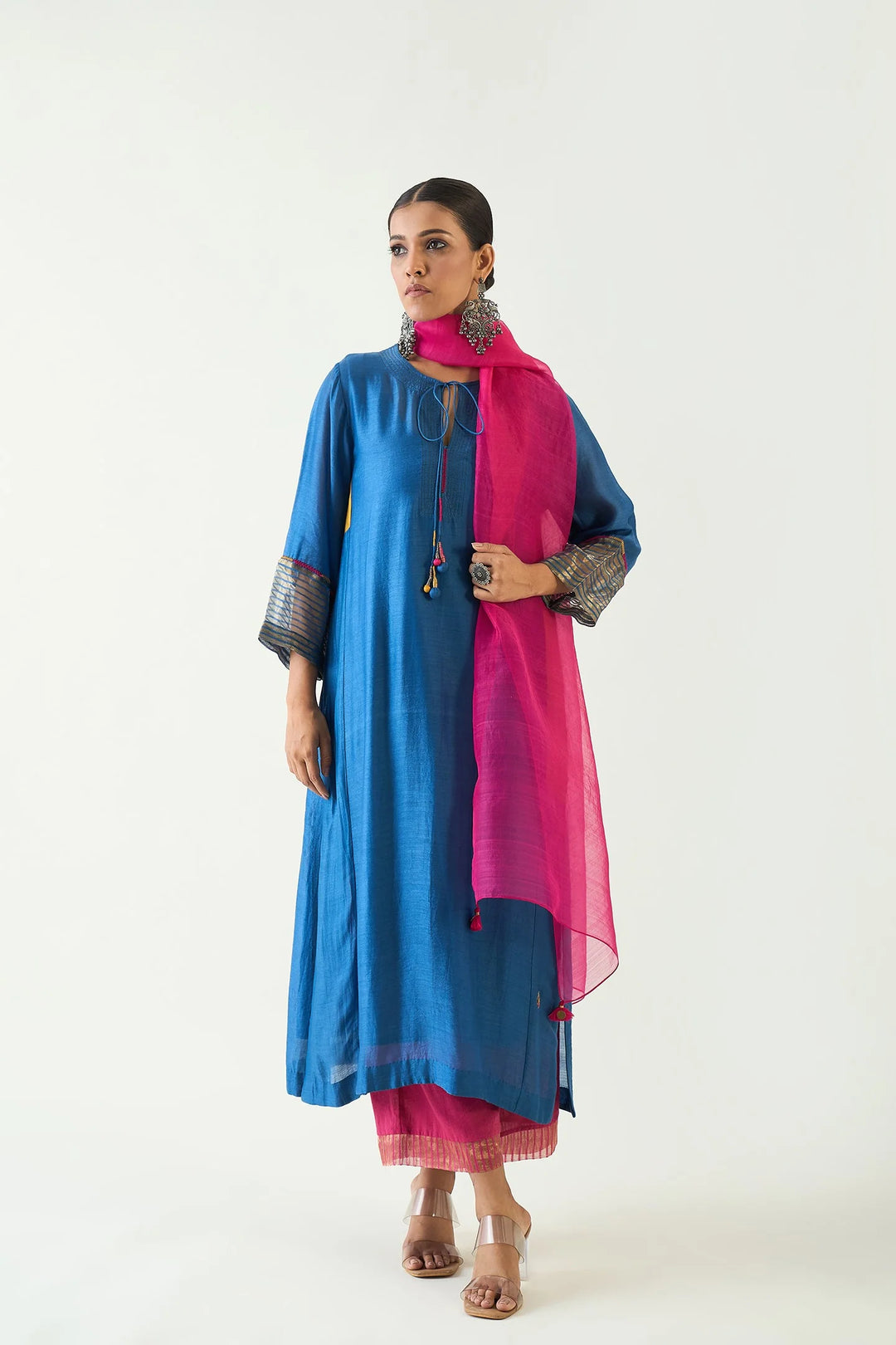 Leela: Cotton silk Cypress Choga set - Blue and Pink