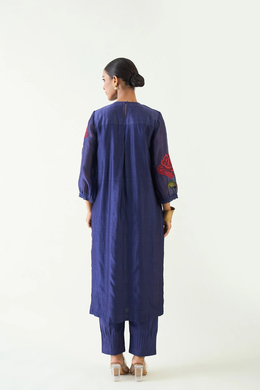 Royal Rose: Purple Chanderi Red Embroidery Rose Kurta With Pintuck Pants