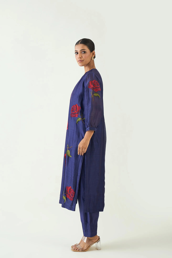 Royal Rose: Purple Chanderi Red Embroidery Rose Kurta With Pintuck Pants