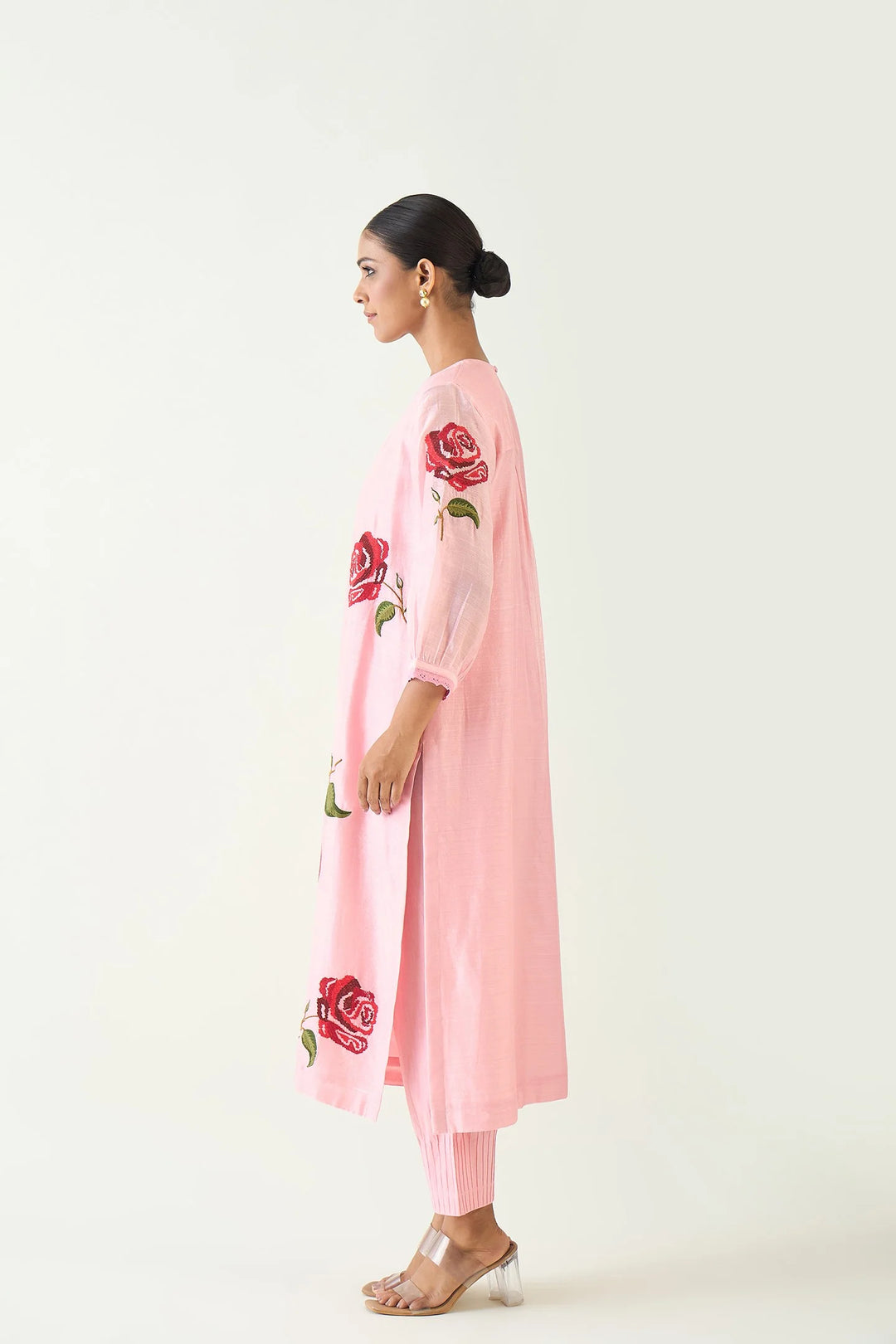 Royal Rose: Pink Chanderi Red Embroidery Rose Kurta With Pink Pintuck Pants