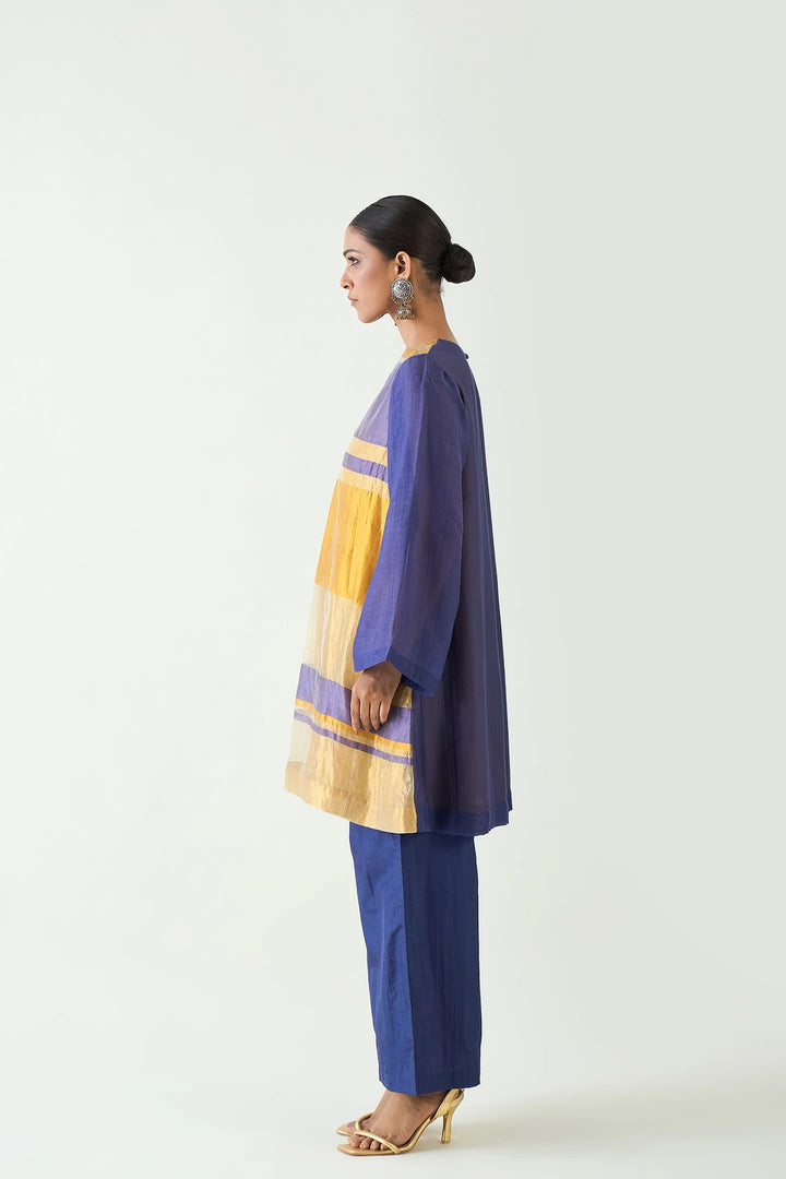 Mira: Silk stripe tissue Tunic set- Purple/Mustard