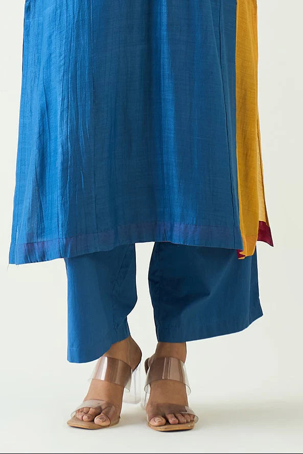 Kriya: Cotton Silk Color block choga set - Blue Mustard Pink