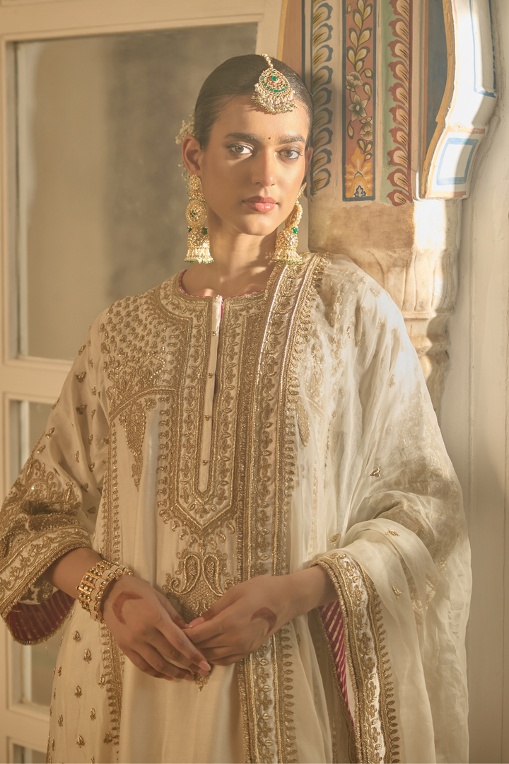 Woman in traditional embroidered Kurta standing in a decorated interior setting