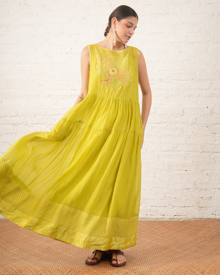 Lime Chanderi Wildflower Dress