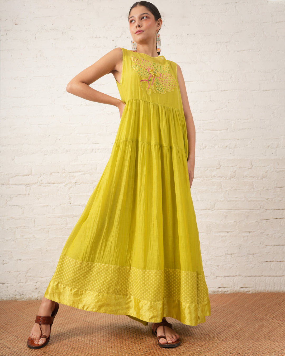 Lime Chanderi Wildflower Dress