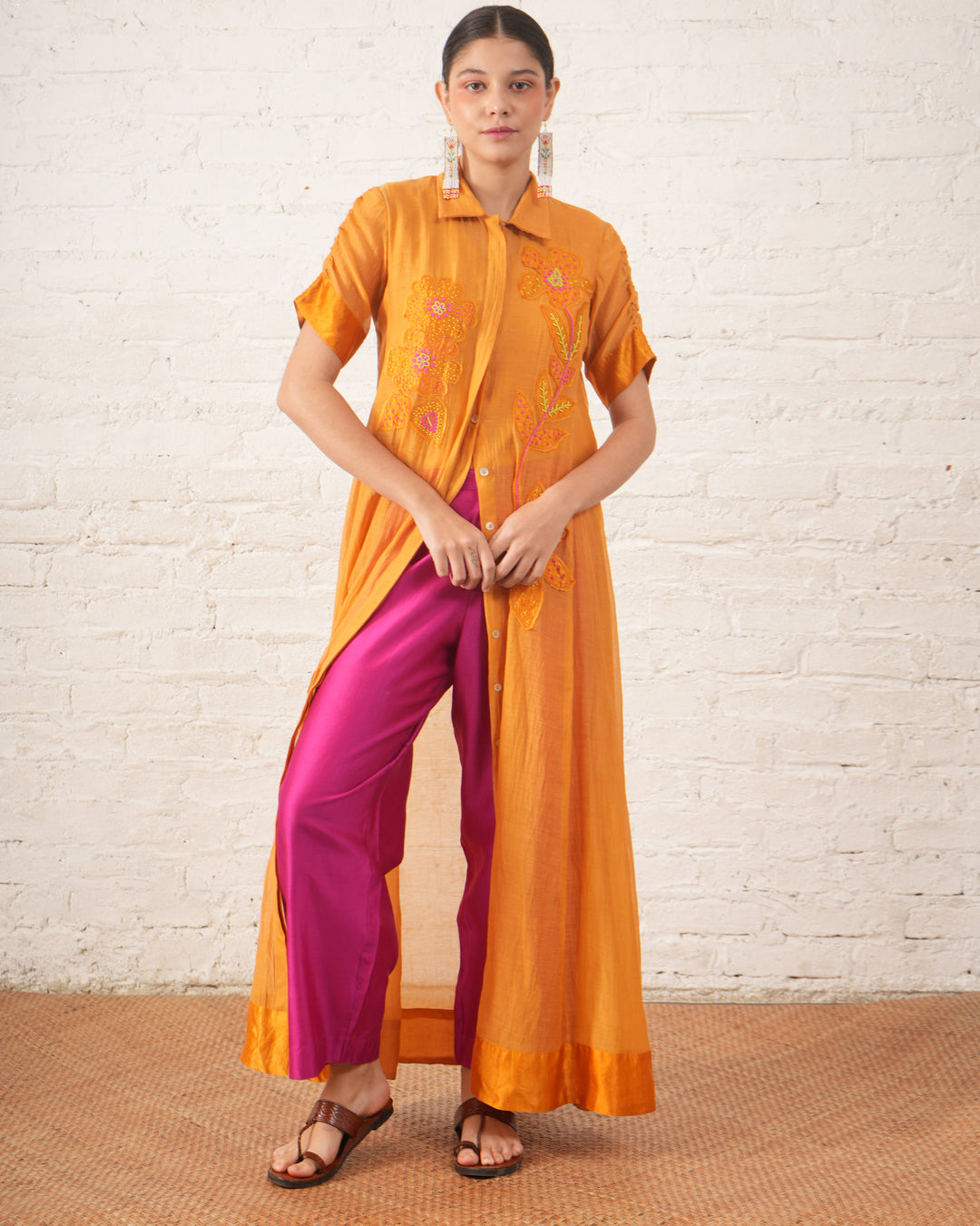 Rust Silk Chanderi Overlay with Embroidered Florals