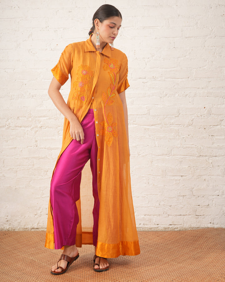 Rust Silk Chanderi Overlay with Embroidered Florals