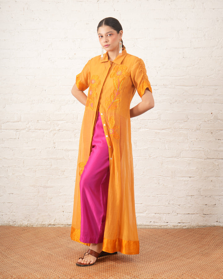 Rust Silk Chanderi Overlay with Embroidered Florals