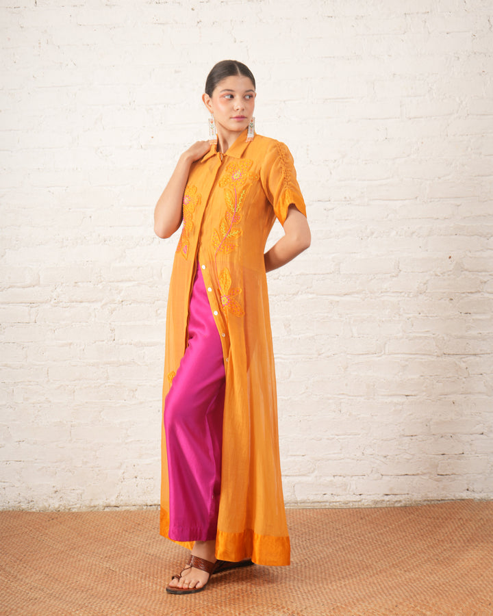 Rust Silk Chanderi Overlay with Embroidered Florals