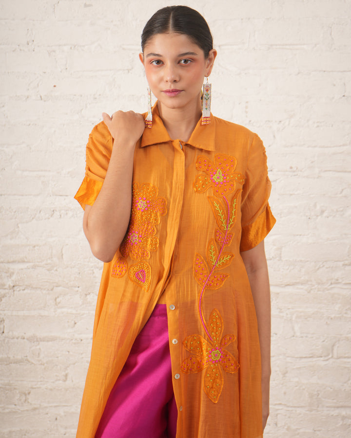Rust Silk Chanderi Overlay with Embroidered Florals