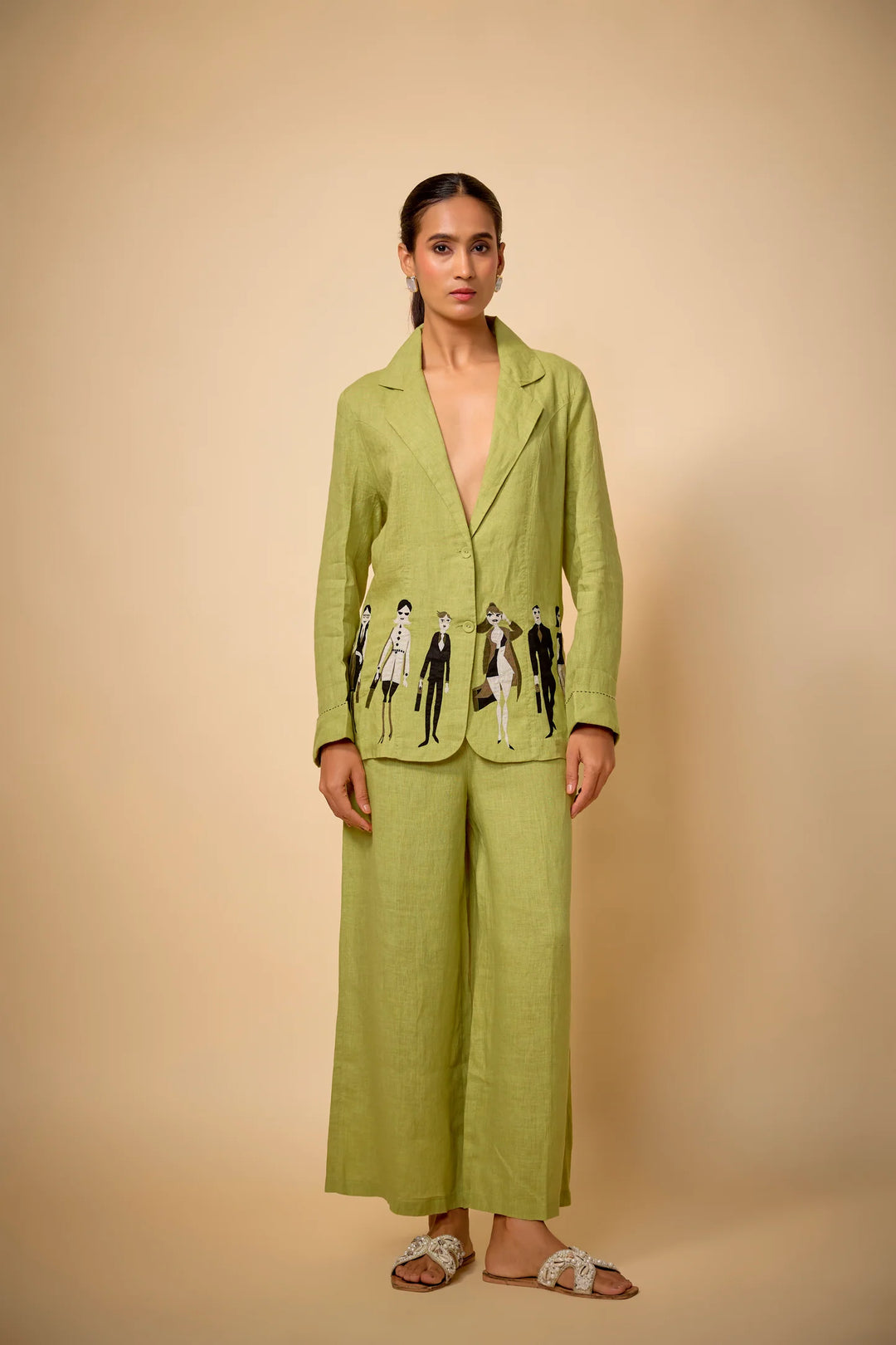 Pure Linen Pista Green Doodle Ebroidered Blazer