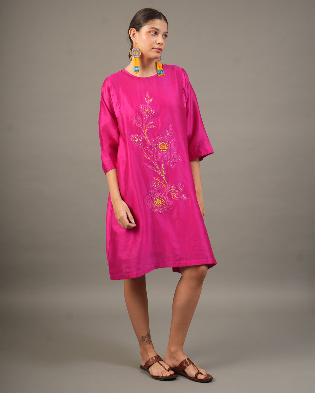 Fuchsia Silk Chanderi Dress with Bead‑Embroidered Florals