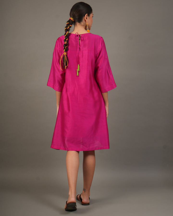 Fuchsia Silk Chanderi Dress with Bead‑Embroidered Florals