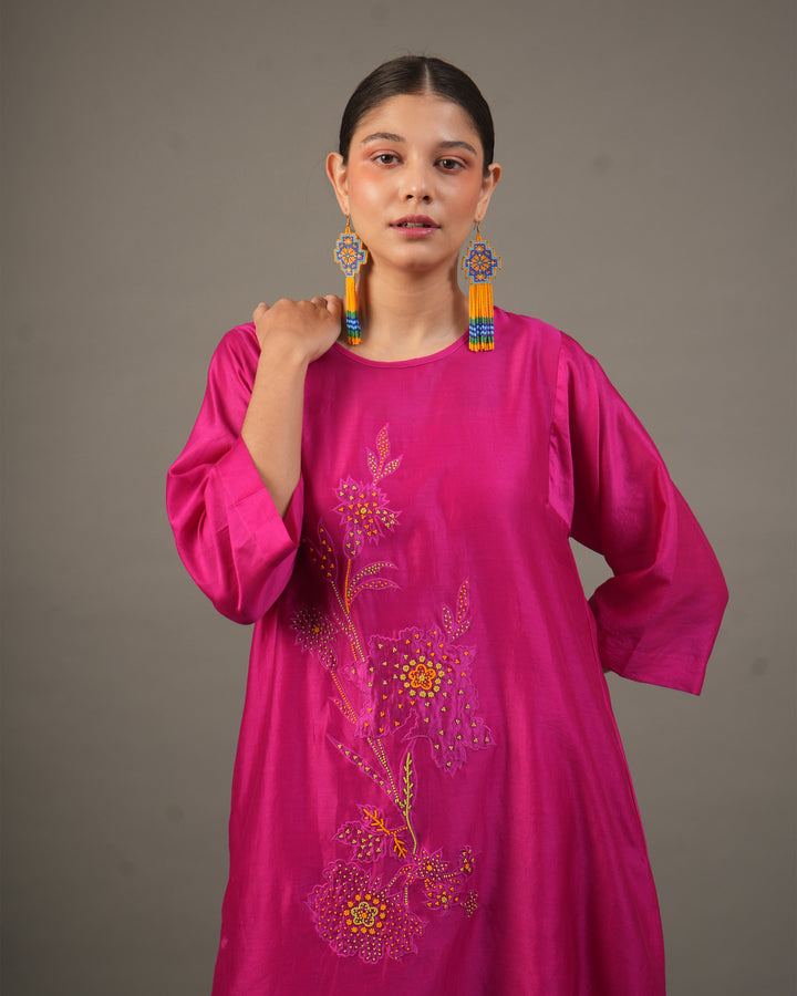 Fuchsia Silk Chanderi Dress with Bead‑Embroidered Florals