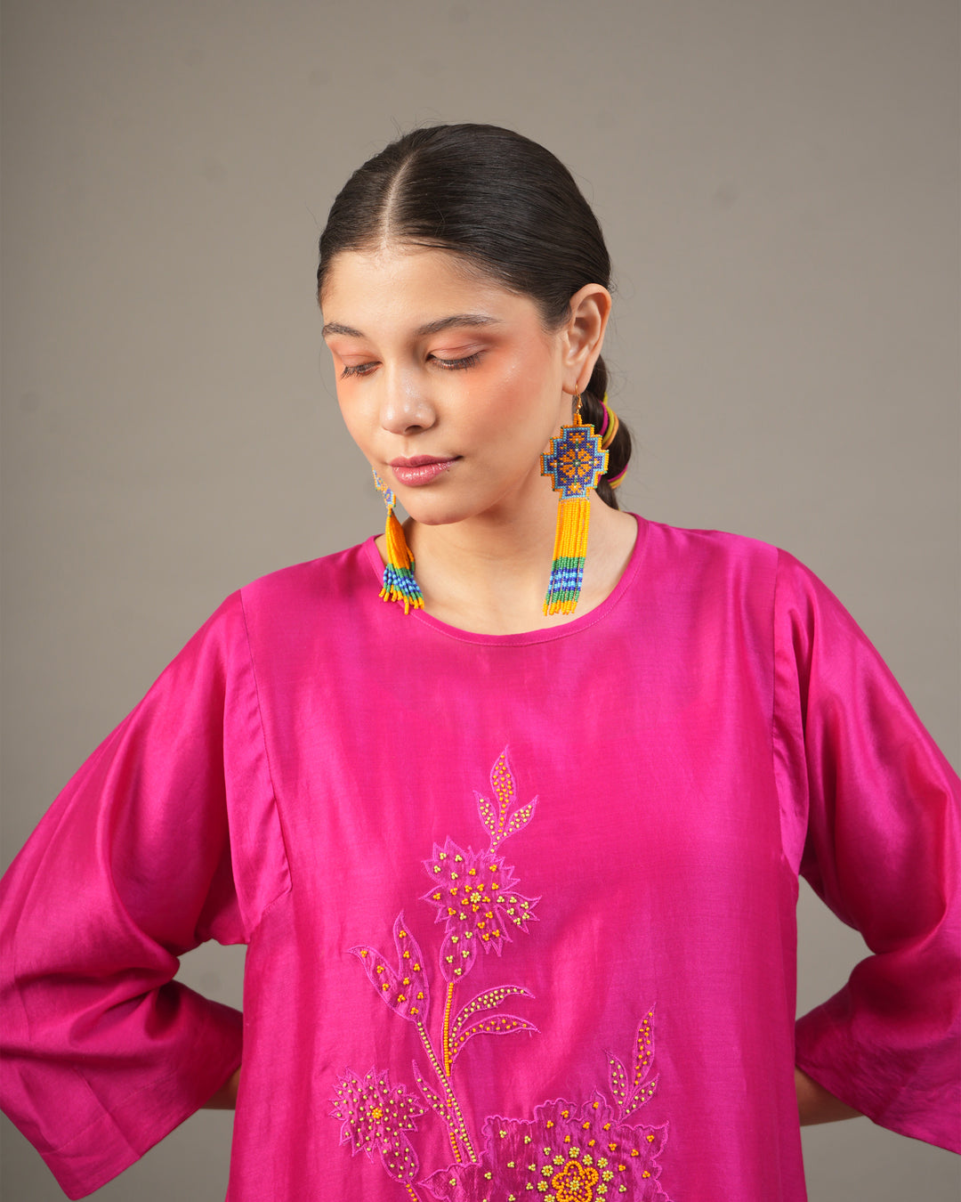 Fuchsia Silk Chanderi Dress with Bead‑Embroidered Florals