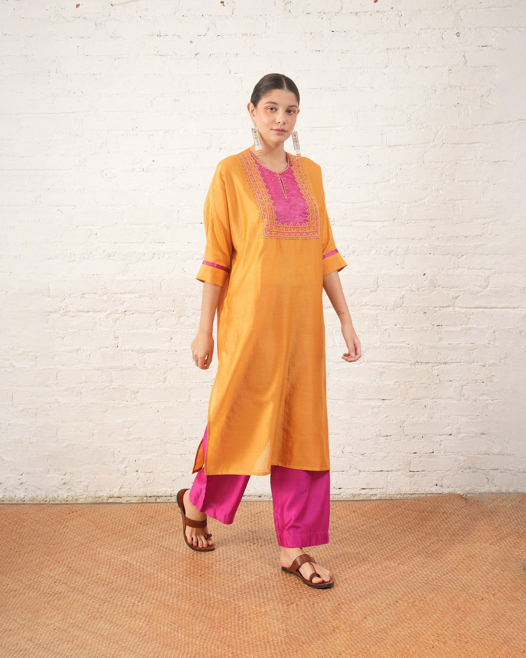 Rust Silk Chanderi Kurta with Pink Bead Embroidered Yoke