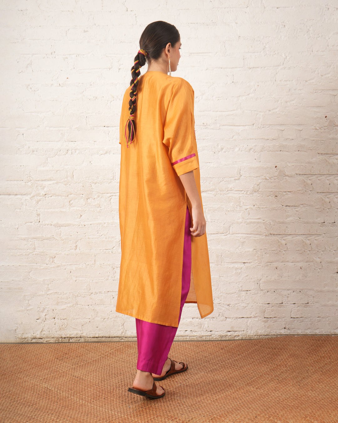Rust Silk Chanderi Kurta with Pink Bead Embroidered Yoke